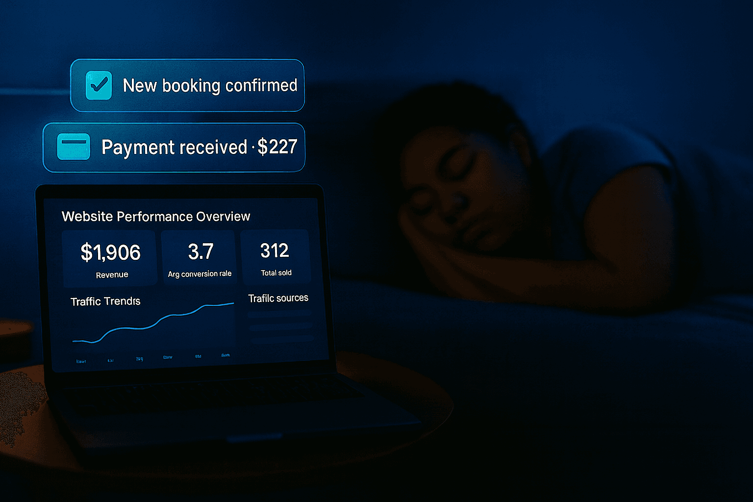 Cozy bedroom at night with laptop showing Manifestare dashboard and notification pop-ups