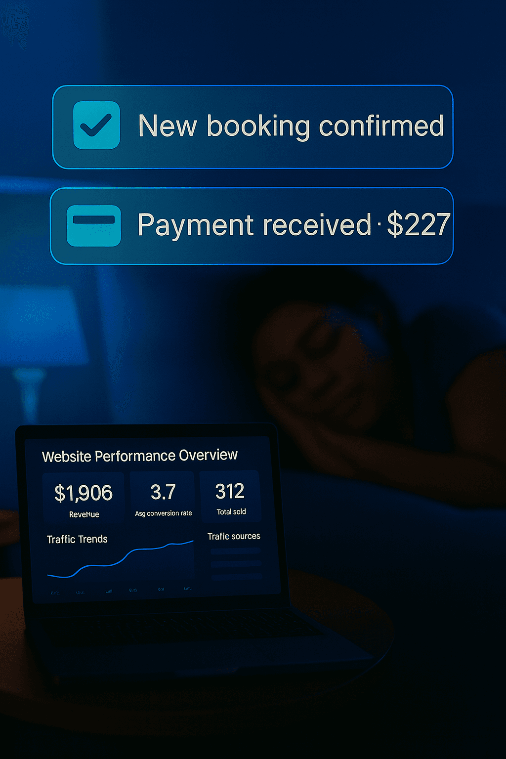 Cozy bedroom at night with laptop showing Manifestare dashboard and notification pop-ups